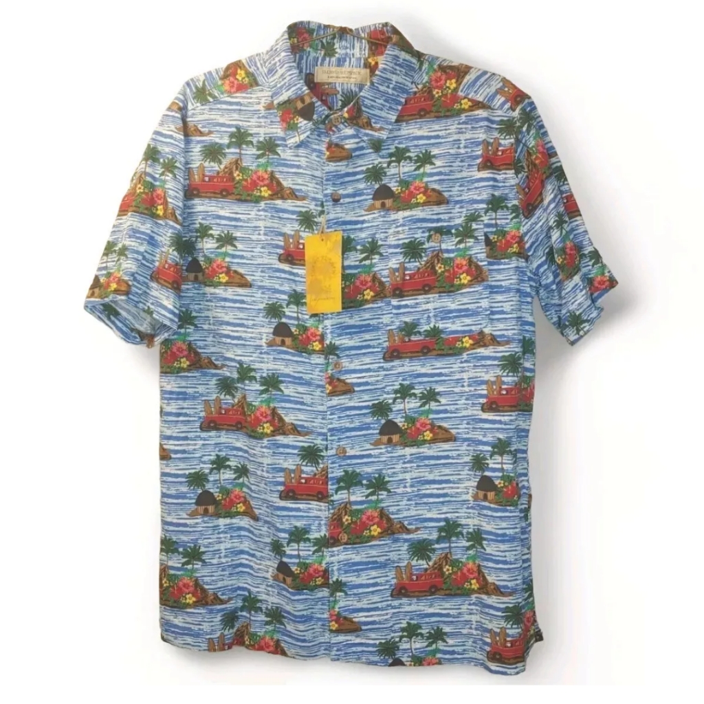 Island Republic Woody Island Hawaiian Shirt Men L Tiki Hut Surfer Retro Blue Nwt